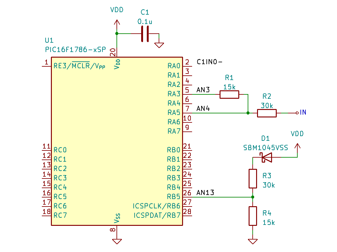 PIC16F1786にFVRを超えた電圧を印加する実験の回路図