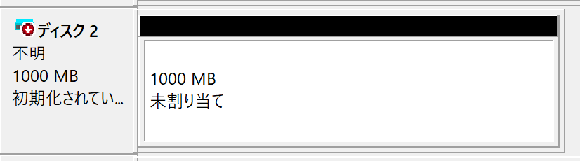 Windowsのディスクの管理で作成したディスクイメージが未割り当てと表示されている様子