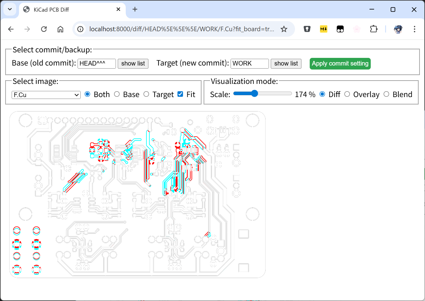 kicad-diff-visualizerで基板パターンの差分を表示する様子